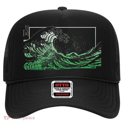 Green Great Wave Off Kanagawa Green Color High Crown Mesh Back Trucker Hat