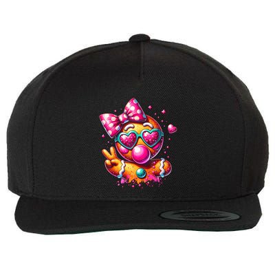 Gingerbread Girl With Sunglasses Blowing Bubble Xmas Wool Snapback Cap