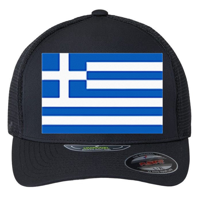 Greece Gift Women Men Kids Left Chest Greek Flag Souvenir Flexfit Unipanel Trucker Cap