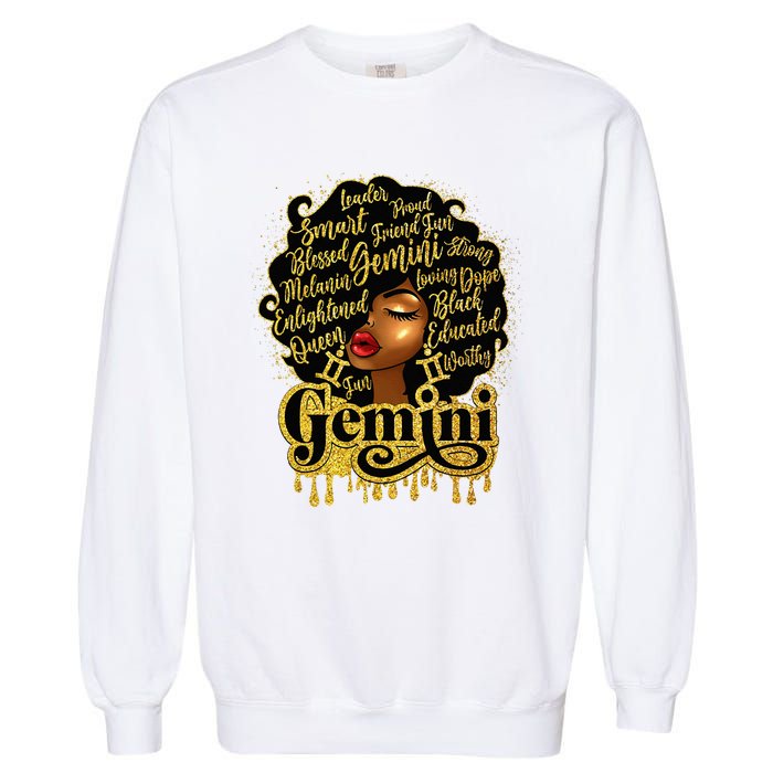 Gemini Girl Zodiac Sign Birthday Queen Afro Black Garment-Dyed Sweatshirt