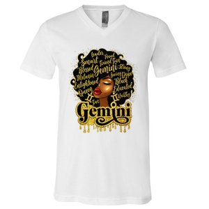 Gemini Girl Zodiac Sign Birthday Queen Afro Black V-Neck T-Shirt