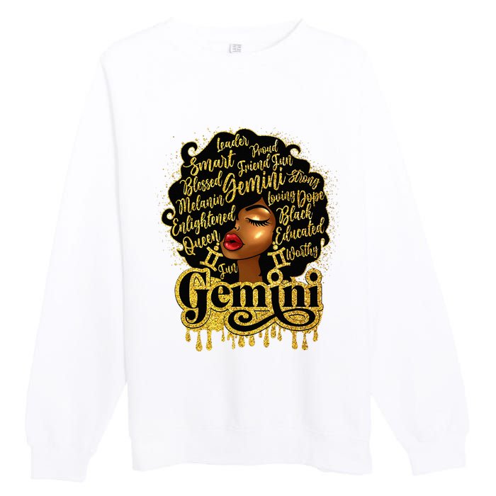 Gemini Girl Zodiac Sign Birthday Queen Afro Black Premium Crewneck Sweatshirt