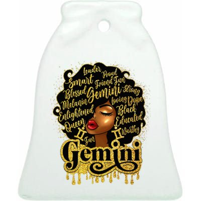 Gemini Girl Zodiac Sign Birthday Queen Afro Black Ceramic Bell Ornament