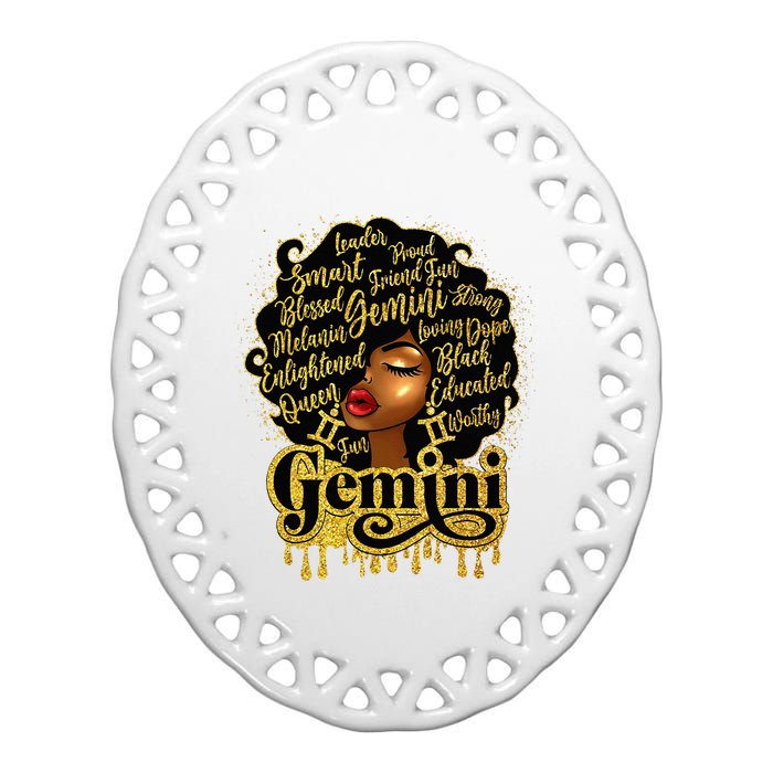 Gemini Girl Zodiac Sign Birthday Queen Afro Black Ceramic Oval Ornament