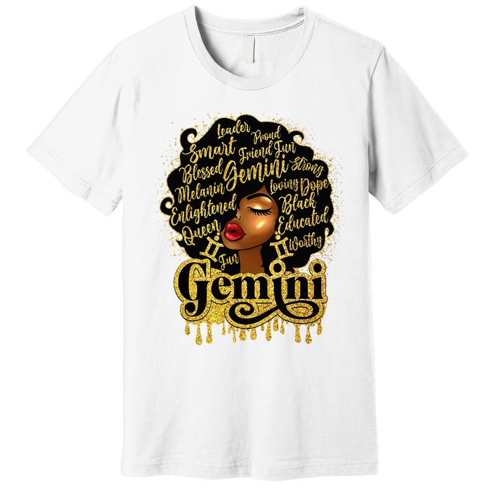 Gemini Girl Zodiac Sign Birthday Queen Afro Black Premium T-Shirt