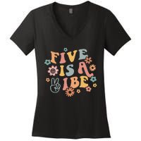 Groovy Hippie 5 Is A Vibe Boy 5th Birthday Party Decoration Women's V-Neck T-Shirt