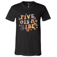 Groovy Hippie 5 Is A Vibe Boy 5th Birthday Party Decoration V-Neck T-Shirt