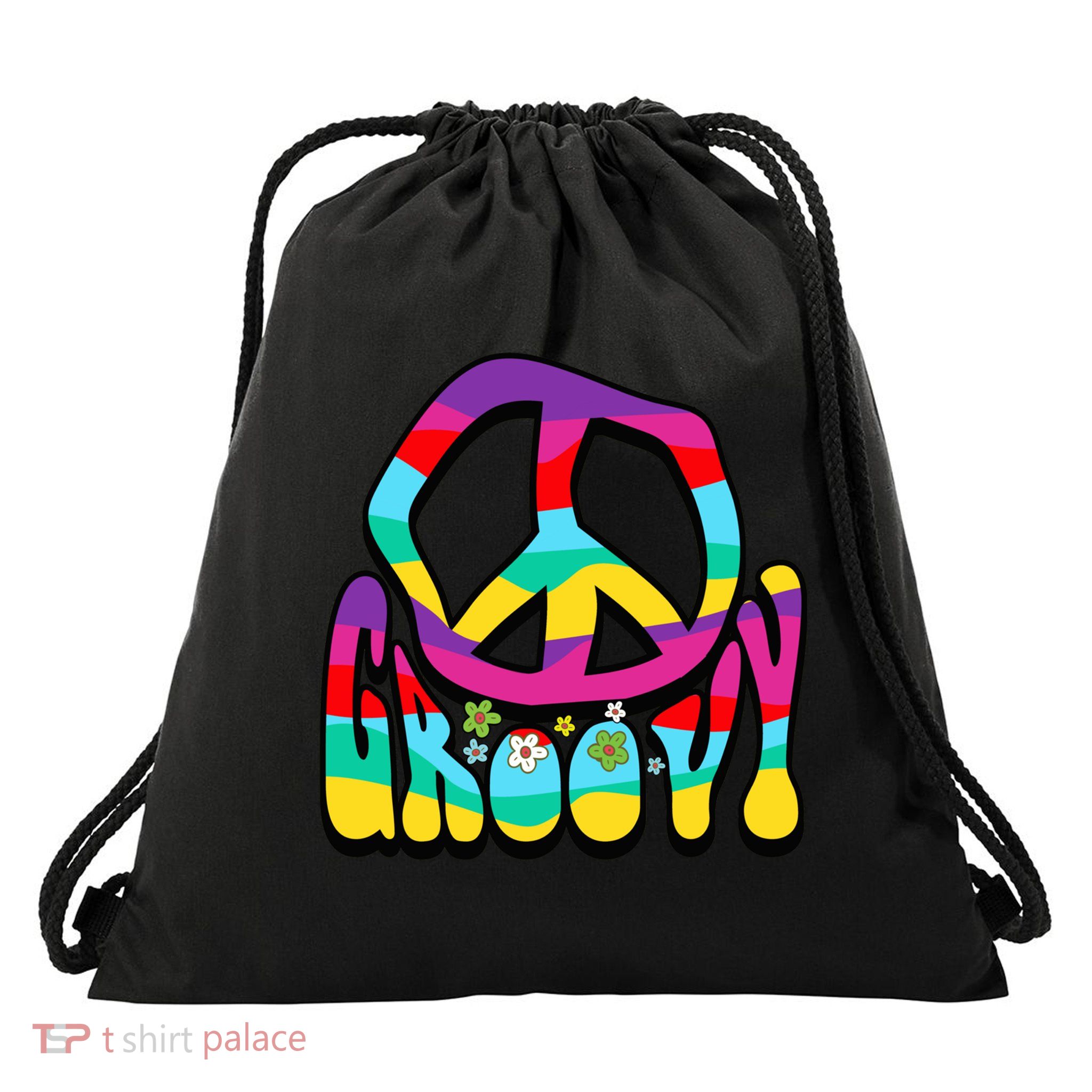 Groovy Hippie 60s 70s Peace Sign Symbol 1970s Flower Power Meaningful Gift Drawstring Bag