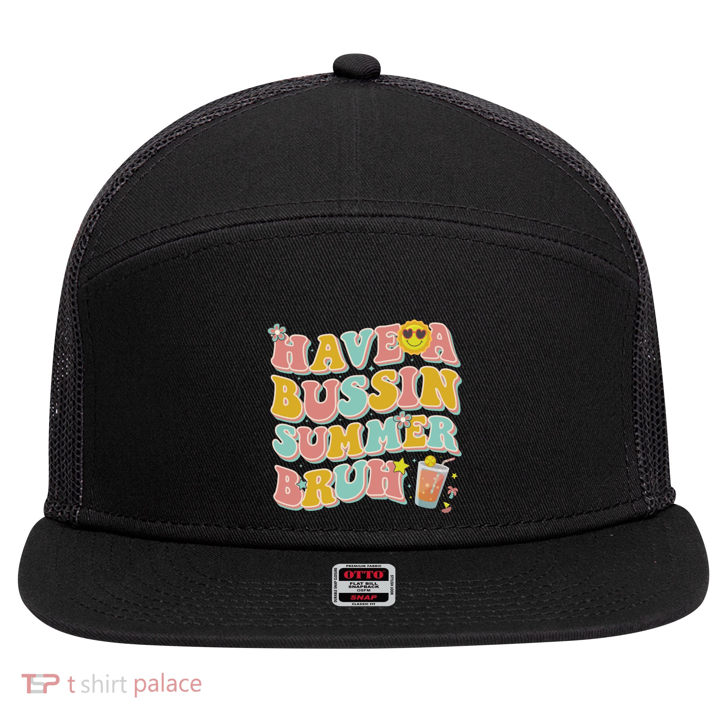 Groovy Have A Bussin Summer Bruh Teachers Party School Gift 7 Panel Mesh Trucker Snapback Hat