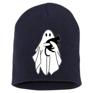 Ghost Holding A Black Cat Lazy Halloween Lover Short Acrylic Beanie