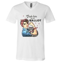 Grab Him By The Ballot Childless Cat Lady Election 2024 V-Neck T-Shirt