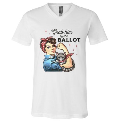 Grab Him By The Ballot Childless Cat Lady Election 2024 V-Neck T-Shirt