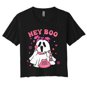 Groovy Hey Boo Cute Ghost Funny Halloween Women's Crop Top Tee