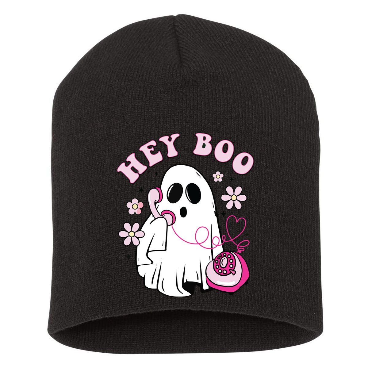Groovy Hey Boo Cute Ghost Funny Halloween Girls Kids Short Acrylic Beanie