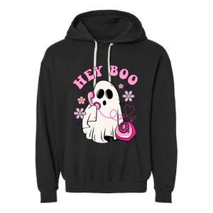 Groovy Hey Boo Cute Ghost Funny Halloween Girls Kids Garment-Dyed Fleece Hoodie