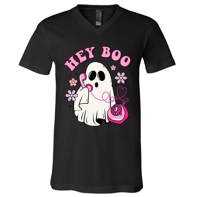 Groovy Hey Boo Cute Ghost Funny Halloween Girls Kids V-Neck T-Shirt