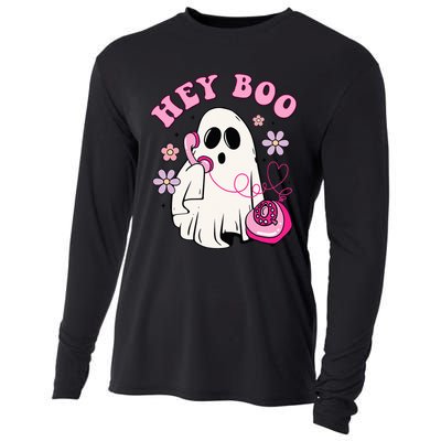 Groovy Hey Boo Cute Ghost Funny Halloween Girls Kids Cooling Performance Long Sleeve Crew