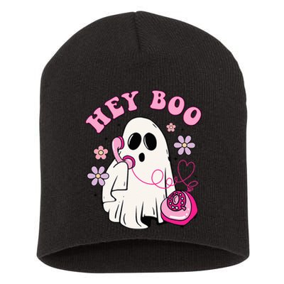 Groovy Hey Boo Cute Ghost Funny Halloween Girls Kids Short Acrylic Beanie