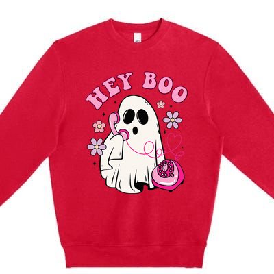 Groovy Hey Boo Cute Ghost Funny Halloween Girls Kids Premium Crewneck Sweatshirt