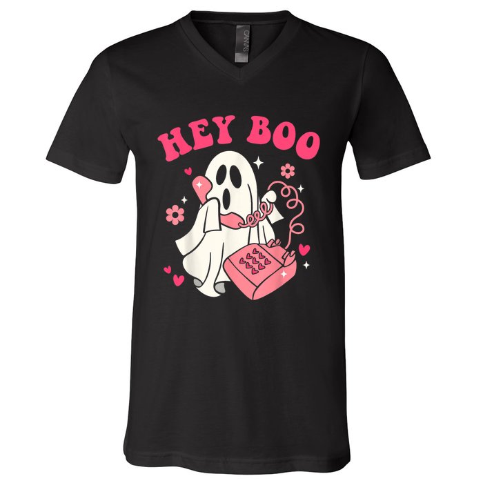 Groovy Hey Boo Cute Ghost Funny Halloween V-Neck T-Shirt