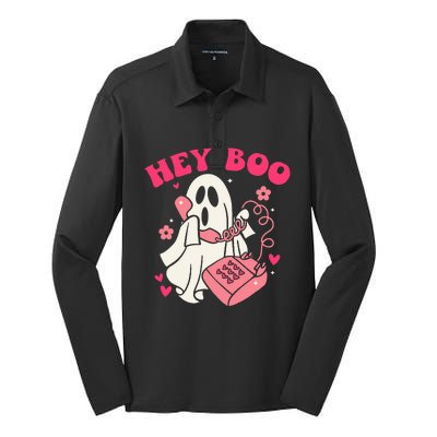 Groovy Hey Boo Cute Ghost Funny Halloween Silk Touch Performance Long Sleeve Polo