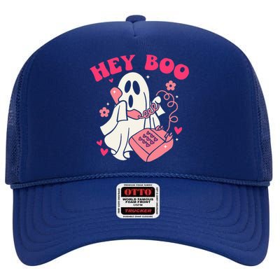 Groovy Hey Boo Cute Ghost Funny Halloween High Crown Mesh Back Trucker Hat