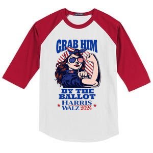 Grab Him By The Ballot Funny Rosie The Riveter Harris Walz Kids Colorblock Raglan Jersey