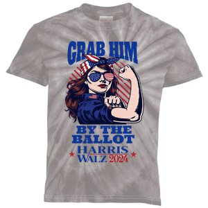 Grab Him By The Ballot Funny Rosie The Riveter Harris Walz Kids Tie-Dye T-Shirt