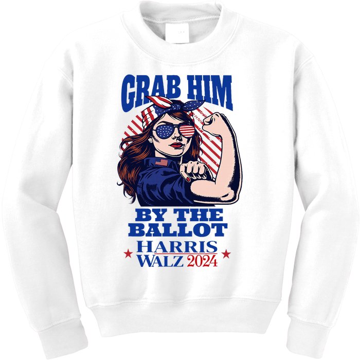 Grab Him By The Ballot Funny Rosie The Riveter Harris Walz Kids Sweatshirt