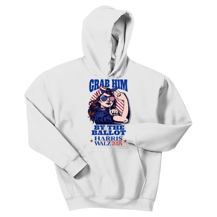 Grab Him By The Ballot Funny Rosie The Riveter Harris Walz Kids Hoodie