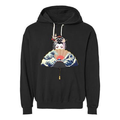Geisha Hiding Behind Fan Wave Retro Japanese Art Graphic Garment-Dyed Fleece Hoodie