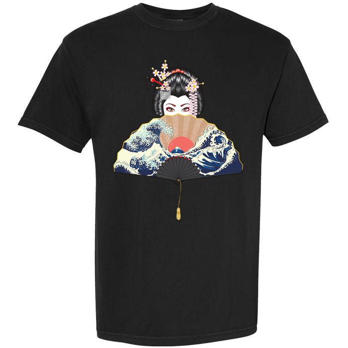 Geisha Hiding Behind Fan Wave Retro Japanese Art Graphic Garment-Dyed Heavyweight T-Shirt