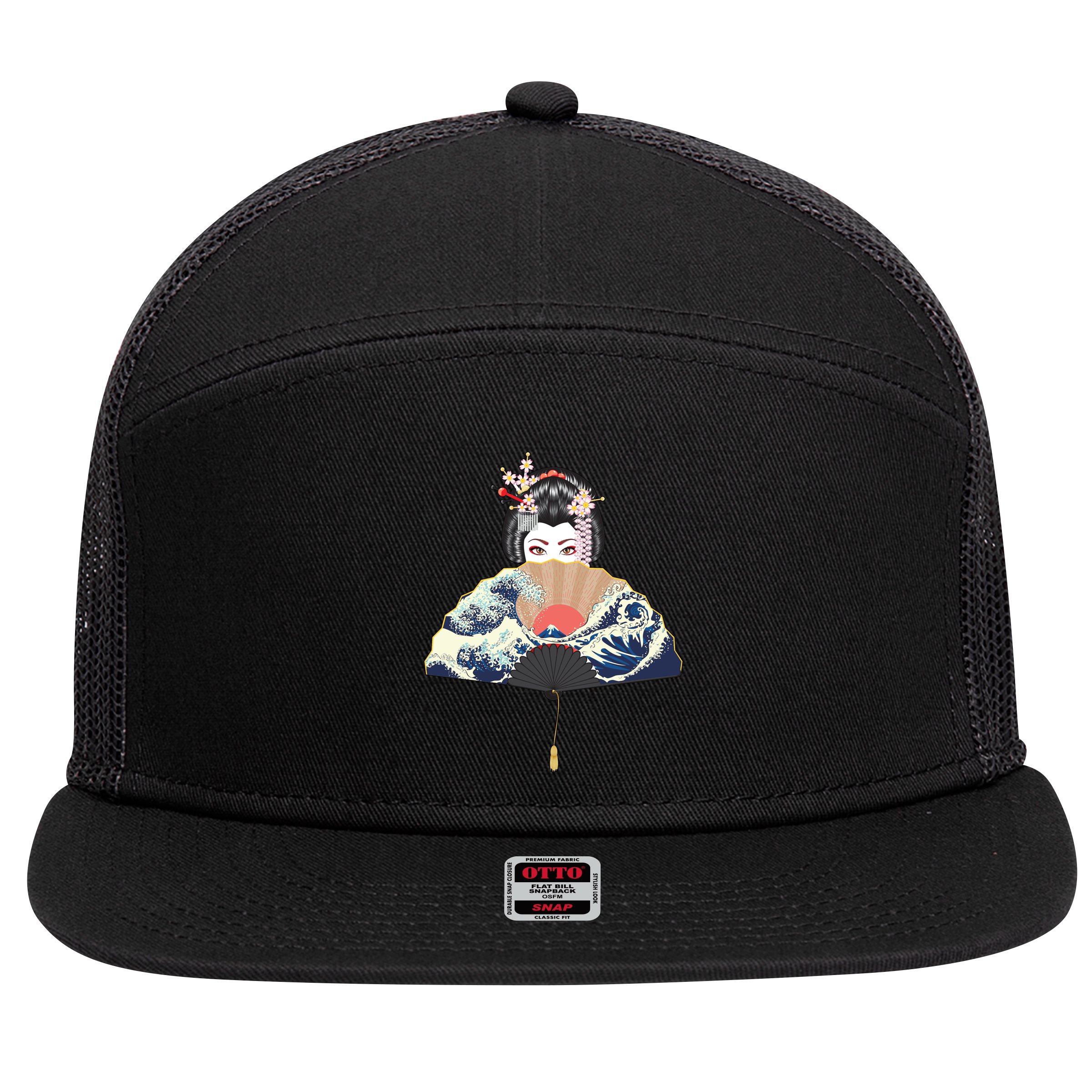 Geisha Hiding Behind Fan Wave Retro Japanese Art Graphic 7 Panel Mesh Trucker Snapback Hat