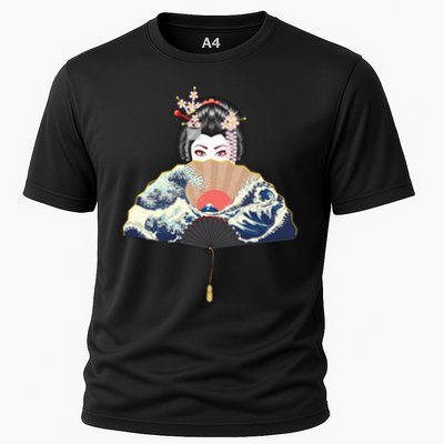 Geisha Hiding Behind Fan Wave Retro Japanese Art Graphic Performance Shirt