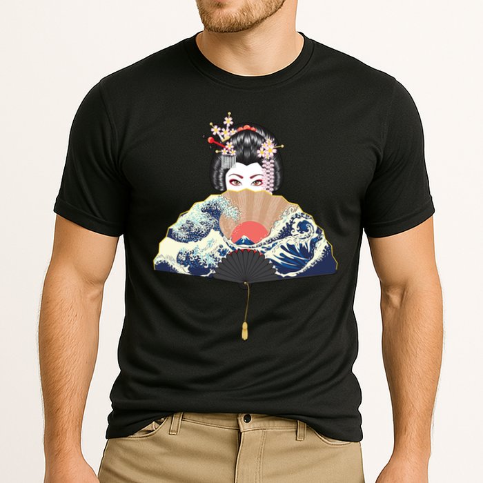 Geisha Hiding Behind Fan Wave Retro Japanese Art Graphic Cooling Performance Crew T-Shirt