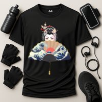 Geisha Hiding Behind Fan Wave Retro Japanese Art Graphic Cooling Performance Crew T-Shirt