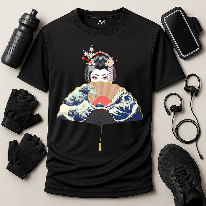 Geisha Hiding Behind Fan Wave Retro Japanese Art Graphic Cooling Performance Crew T-Shirt