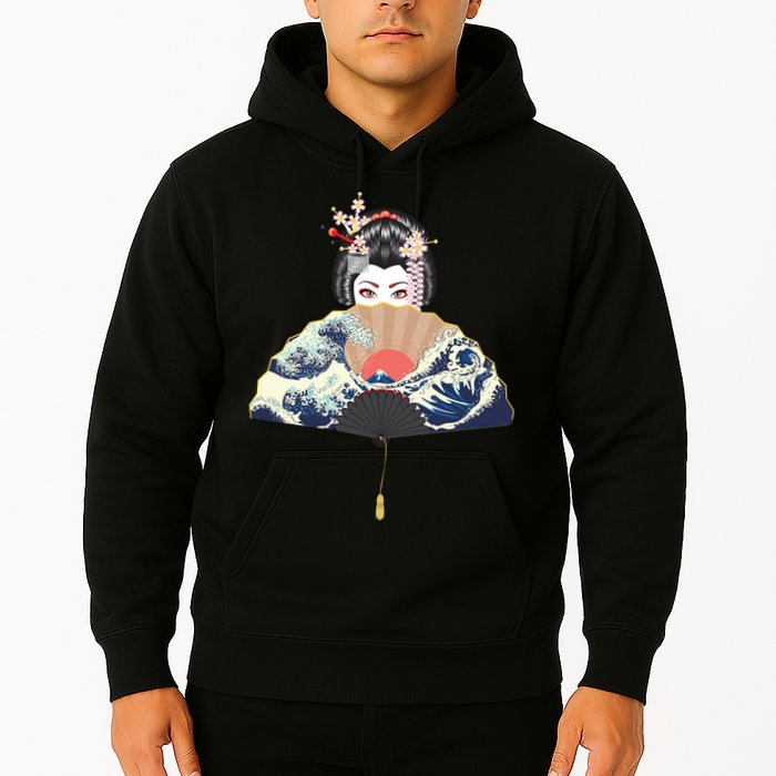 Geisha Hiding Behind Fan Wave Retro Japanese Art Graphic Hoodie