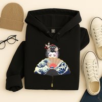 Geisha Hiding Behind Fan Wave Retro Japanese Art Graphic Hoodie