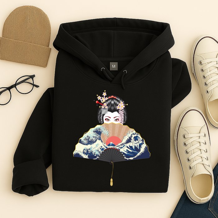 Geisha Hiding Behind Fan Wave Retro Japanese Art Graphic Hoodie