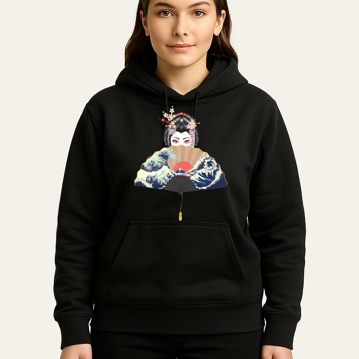 Geisha Hiding Behind Fan Wave Retro Japanese Art Graphic Hoodie