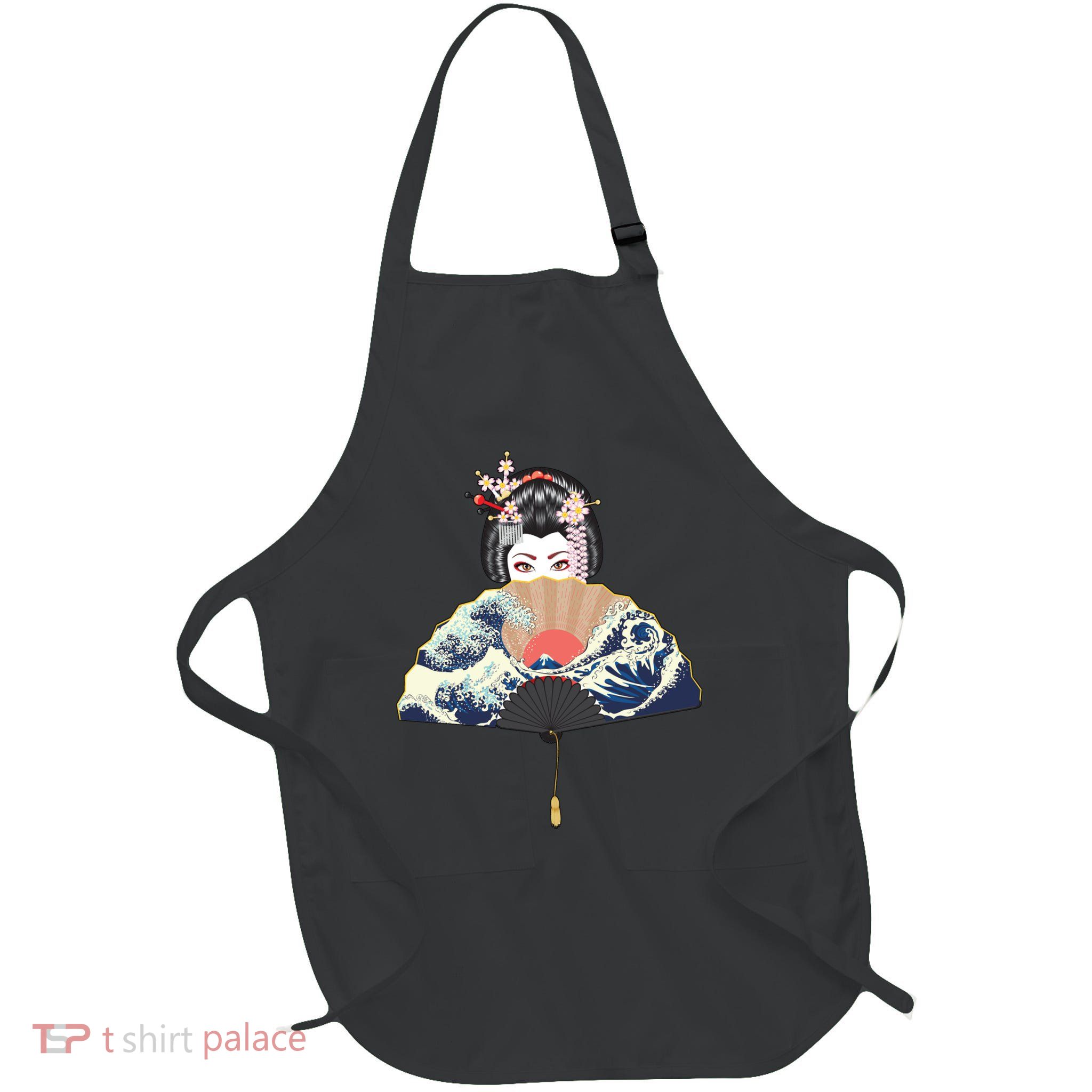 Geisha Hiding Behind Fan Wave Retro Japanese Art Graphic Full-Length Apron With Pockets