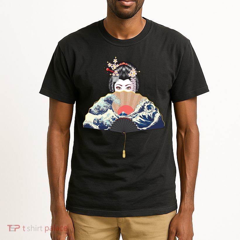 Geisha Hiding Behind Fan Wave Retro Japanese Art Graphic Tall T-Shirt