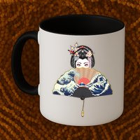 Geisha Hiding Behind Fan Wave Retro Japanese Art Graphic Mug