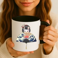 Geisha Hiding Behind Fan Wave Retro Japanese Art Graphic Mug