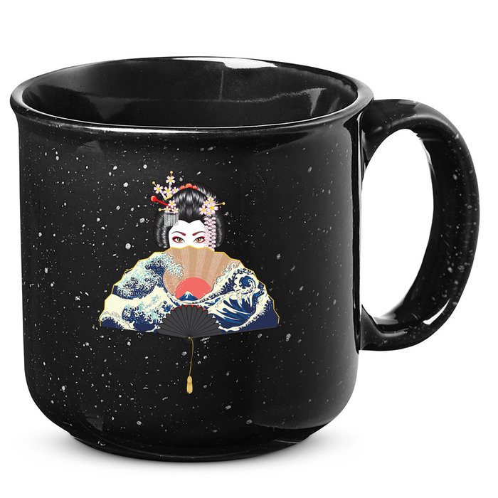 Geisha Hiding Behind Fan Wave Retro Japanese Art Graphic 15oz Campfire Ceramic Mug