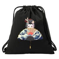 Geisha Hiding Behind Fan Wave Retro Japanese Art Graphic Drawstring Bag