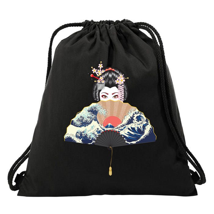 Geisha Hiding Behind Fan Wave Retro Japanese Art Graphic Drawstring Bag