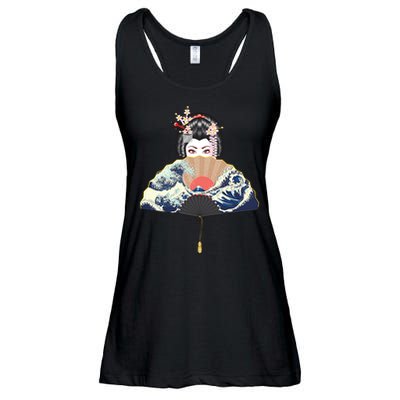 Geisha Hiding Behind Fan Wave Retro Japanese Art Graphic Ladies Essential Flowy Tank