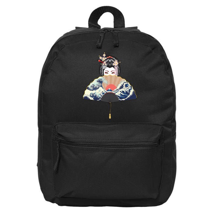 Geisha Hiding Behind Fan Wave Retro Japanese Art Graphic 16 in Basic Backpack